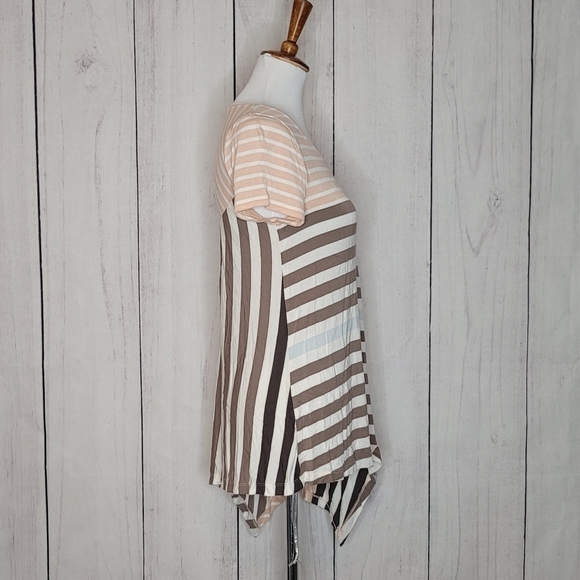 Little Yellow Button‎ Asymmetrical Stripe Tunic Top Women M Peach Brown White - Picture 5 of 8